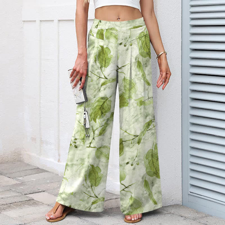 Buddha Stones Cotton Linen Botanical Leaf Pattern Women's Elastic Waist Wide Leg Pants With Pockets - image 5