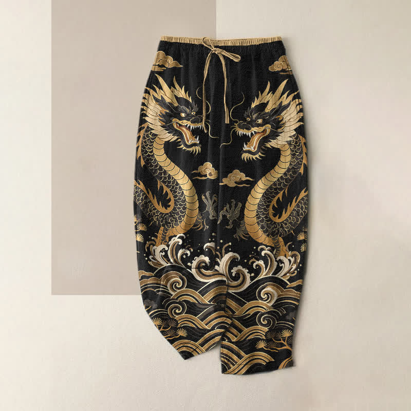 Buddha Stones Pure Cotton Twin Dragon Wave Pattern Women's Elastic Waist Pants With Pockets - Black - US16，UK/AU20，EU48 (3XL) - image 5