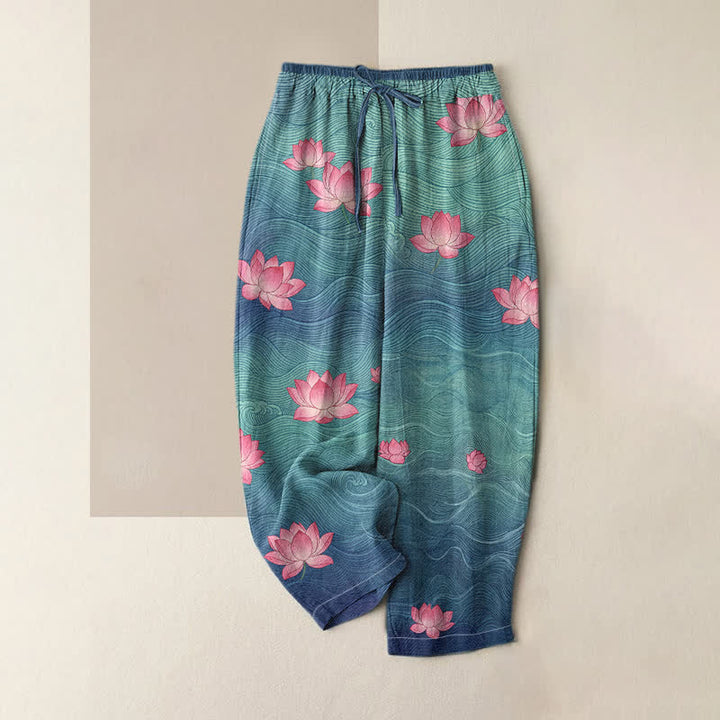 Buddha Stones Pure Cotton Dreamy Gradient Lotus Pattern Women's Elastic Waist Pants With Pockets - SteelBlue - US16，UK/AU20，EU48 (3XL) - image 0