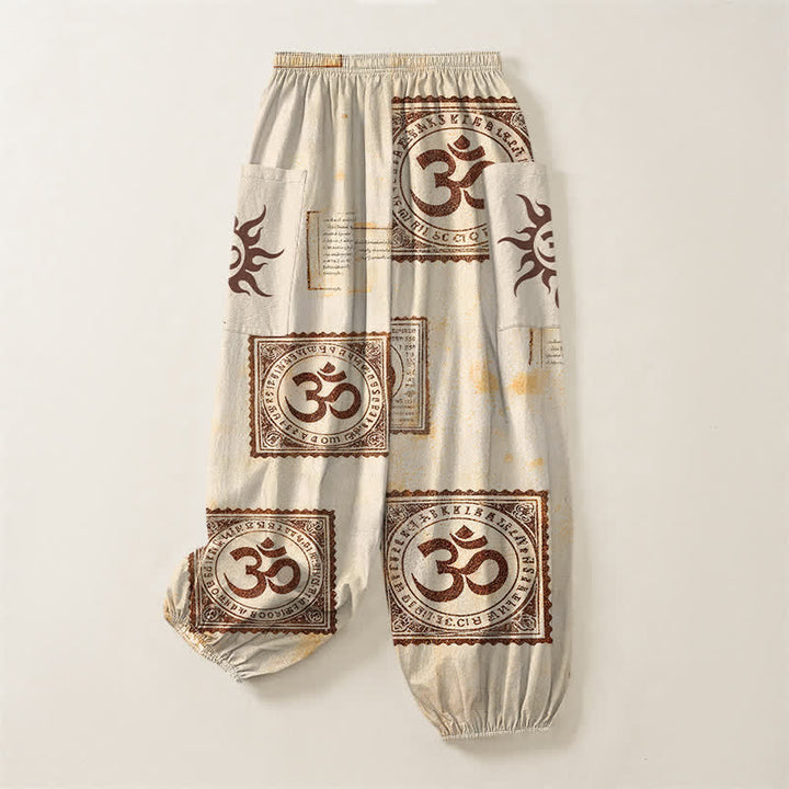 Buddha Stones Cotton Vintage Om Sun Pattern Women's Elastic Waist Harem Pants With Side Pockets - image 4