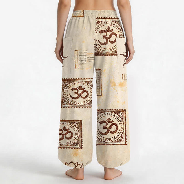 Buddha Stones Cotton Vintage Om Sun Pattern Women's Elastic Waist Harem Pants With Side Pockets - image 2