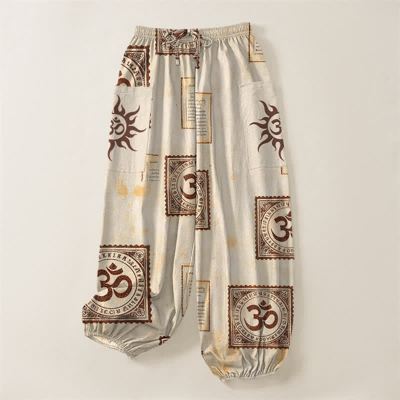 Buddha Stones Cotton Vintage Om Sun Pattern Women's Elastic Waist Harem Pants With Side Pockets - image 3