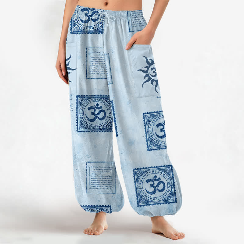 Buddha Stones Cotton Vintage Om Sun Pattern Women's Elastic Waist Harem Pants With Side Pockets - LightSkyBlue - US16，UK/AU20，EU48 (3XL) - image 7