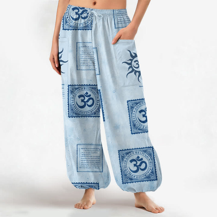 Buddha Stones Cotton Vintage Om Sun Pattern Women's Elastic Waist Harem Pants With Side Pockets - LightSkyBlue - US16，UK/AU20，EU48 (3XL) - image 7