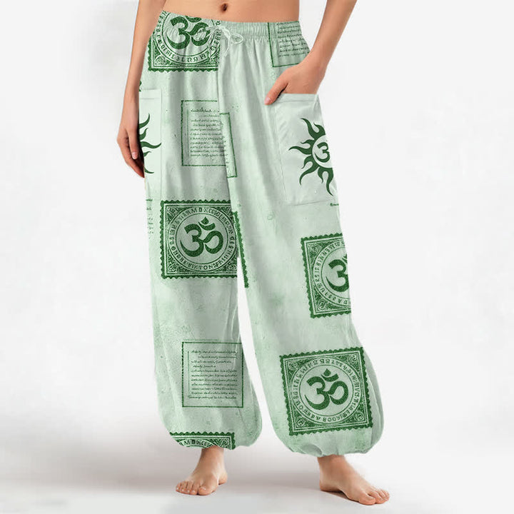 Buddha Stones Cotton Vintage Om Sun Pattern Women's Elastic Waist Harem Pants With Side Pockets - Aquamarine - US16，UK/AU20，EU48 (3XL) - image 10