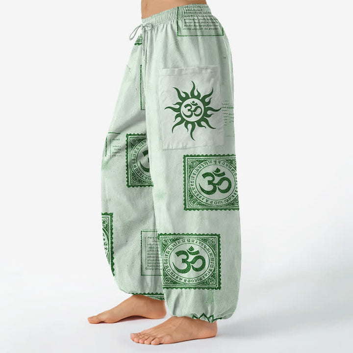 Buddha Stones Cotton Vintage Om Sun Pattern Women's Elastic Waist Harem Pants With Side Pockets - image 11