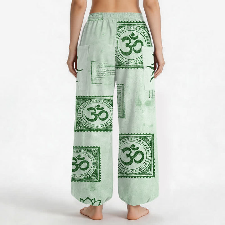 Buddha Stones Cotton Vintage Om Sun Pattern Women's Elastic Waist Harem Pants With Side Pockets - image 12