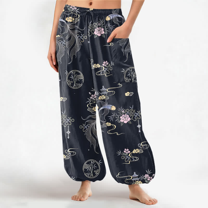 Buddha Stones Cotton Koi Fish Bamboo Cloud Pattern Women's Elastic Waist Harem Pants With Side Pockets - Black - US16，UK/AU20，EU48 (3XL) - image 0