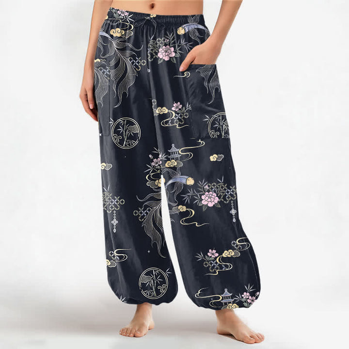 Buddha Stones Cotton Koi Fish Bamboo Cloud Pattern Women's Elastic Waist Harem Pants With Side Pockets - Black - US16，UK/AU20，EU48 (3XL) - image 0