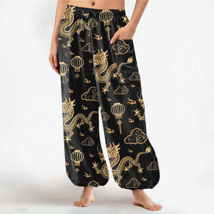 Buddha Stones Cotton Golden Dragon Lantern Pattern Women's Elastic Waist Harem Pants With Side Pockets - Black - US16，UK/AU20，EU48 (3XL) - image 0