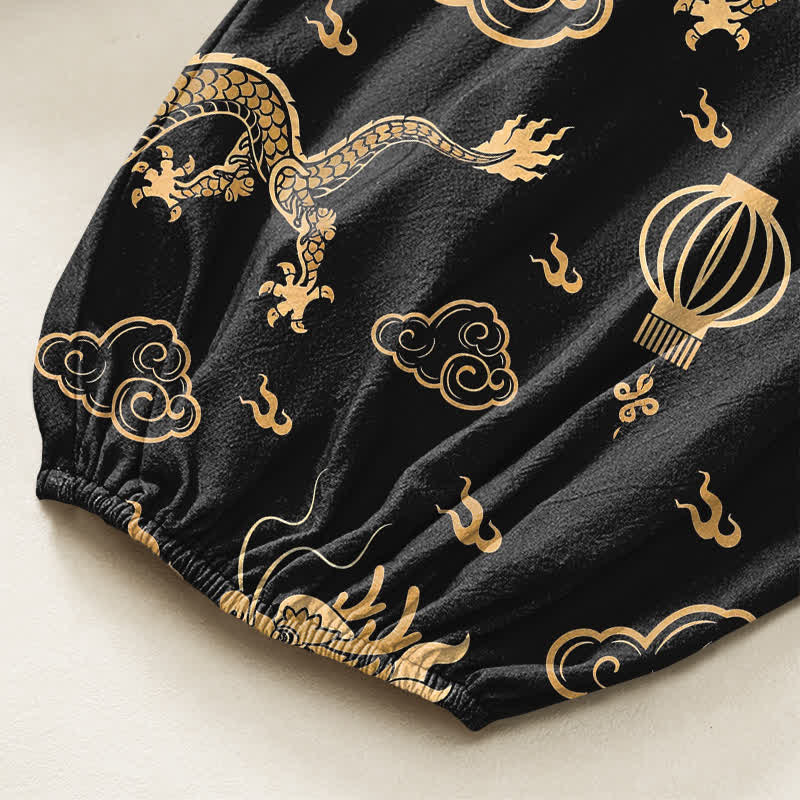 Buddha Stones Cotton Golden Dragon Lantern Pattern Women's Elastic Waist Harem Pants With Side Pockets - image 6