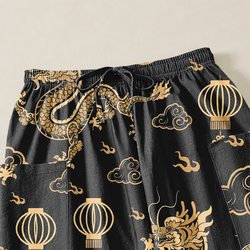 Buddha Stones Cotton Golden Dragon Lantern Pattern Women's Elastic Waist Harem Pants With Side Pockets - image 5