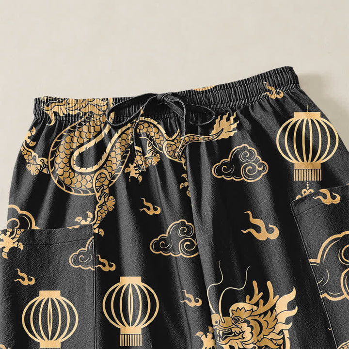Buddha Stones Cotton Golden Dragon Lantern Pattern Women's Elastic Waist Harem Pants With Side Pockets - image 5