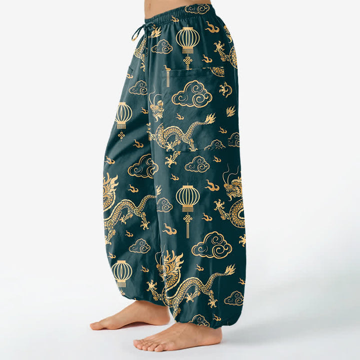 Buddha Stones Cotton Golden Dragon Lantern Pattern Women's Elastic Waist Harem Pants With Side Pockets - image 8