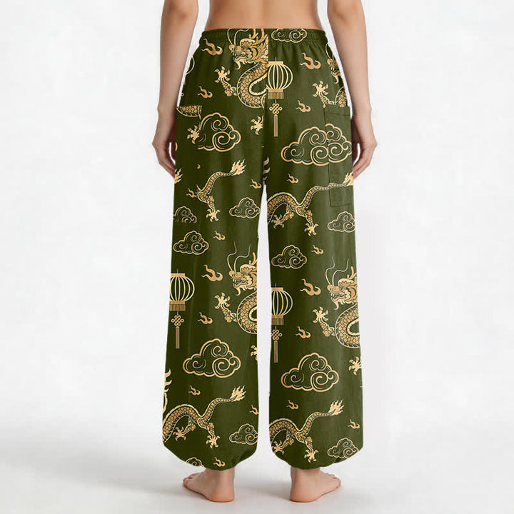 Buddha Stones Cotton Golden Dragon Lantern Pattern Women's Elastic Waist Harem Pants With Side Pockets - image 12