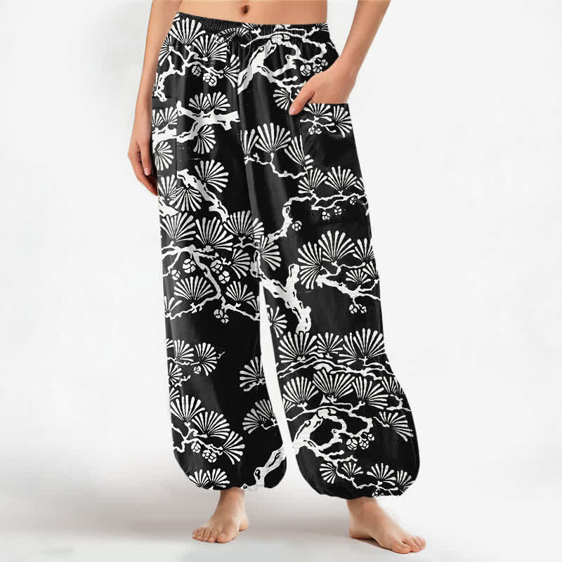 Buddha Stones Cotton Oriental Foliage Pattern Women's Elastic Waist Harem Pants With Side Pockets - Black - US16，UK/AU20，EU48 (3XL) - image 0