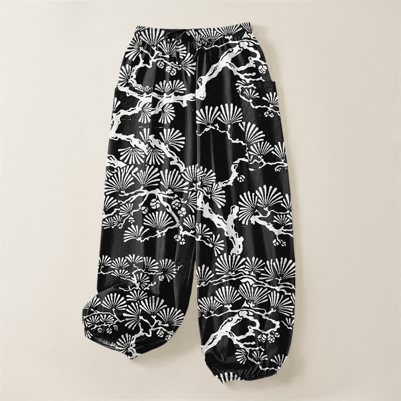 Buddha Stones Cotton Oriental Foliage Pattern Women's Elastic Waist Harem Pants With Side Pockets - image 3