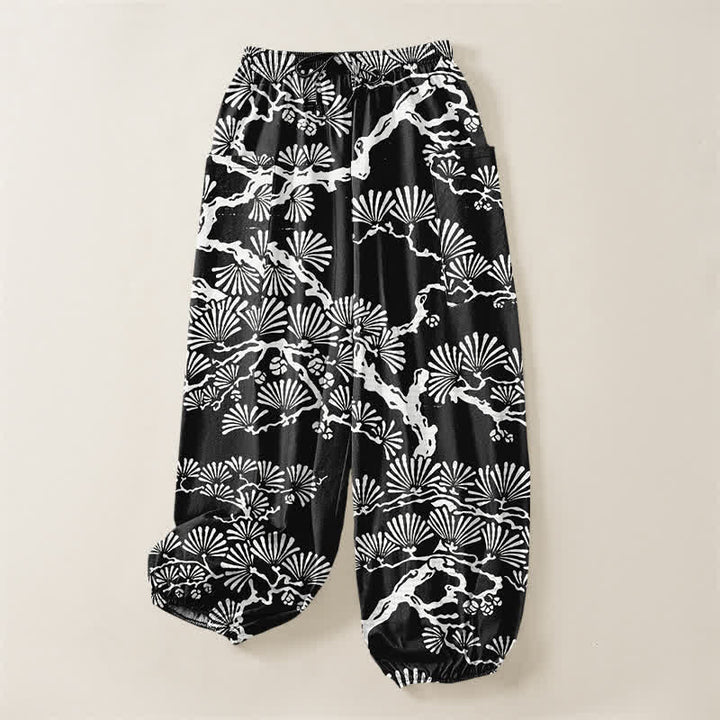 Buddha Stones Cotton Oriental Foliage Pattern Women's Elastic Waist Harem Pants With Side Pockets - image 3