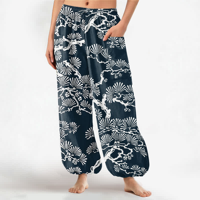 Buddha Stones Cotton Oriental Foliage Pattern Women's Elastic Waist Harem Pants With Side Pockets - DarkSlateGray - US16，UK/AU20，EU48 (3XL) - image 7