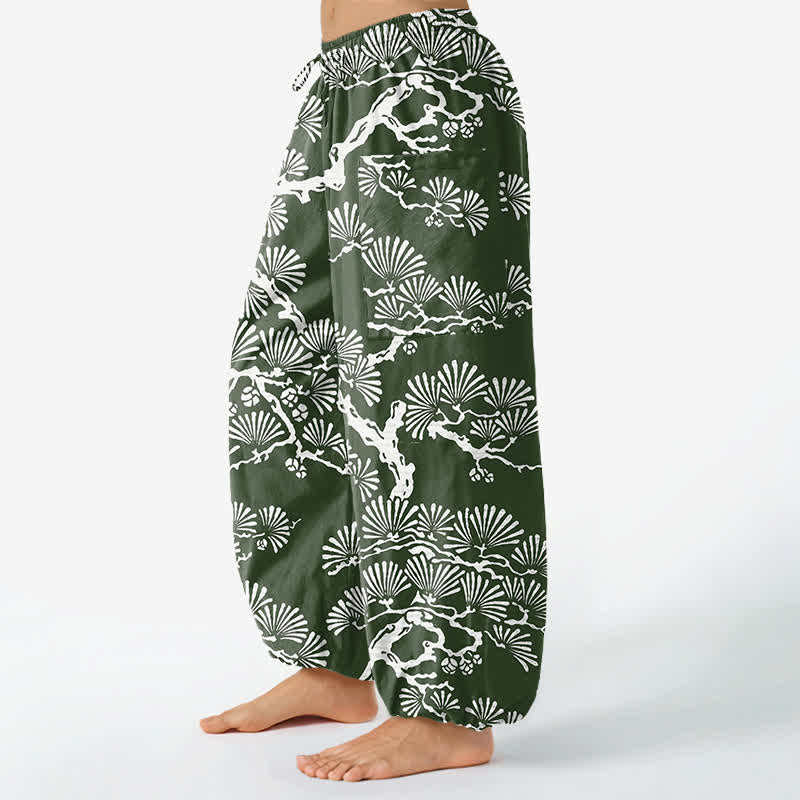 Buddha Stones Cotton Oriental Foliage Pattern Women's Elastic Waist Harem Pants With Side Pockets - image 11