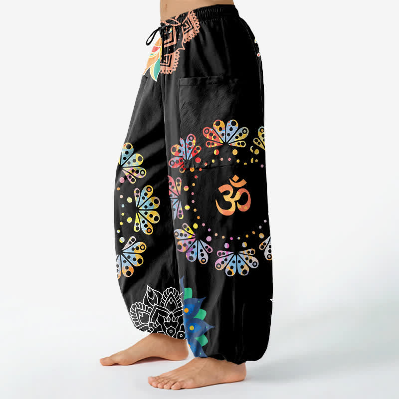 Buddha Stones Cotton Mandala Lotus OM Pattern Women's Elastic Waist Harem Pants With Side Pockets - image 1