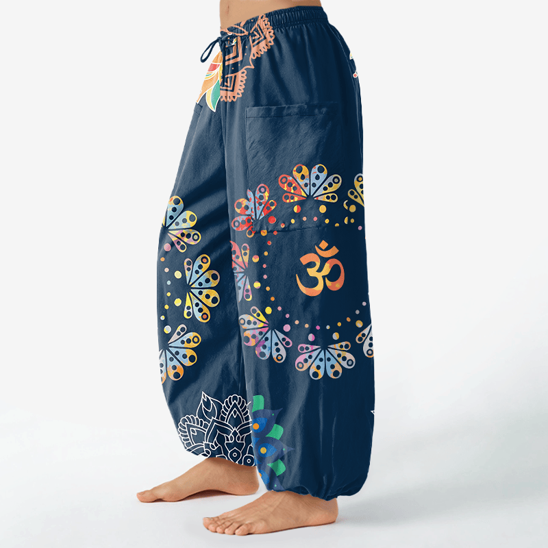 Buddha Stones Cotton Mandala Lotus OM Pattern Women's Elastic Waist Harem Pants With Side Pockets - image 8