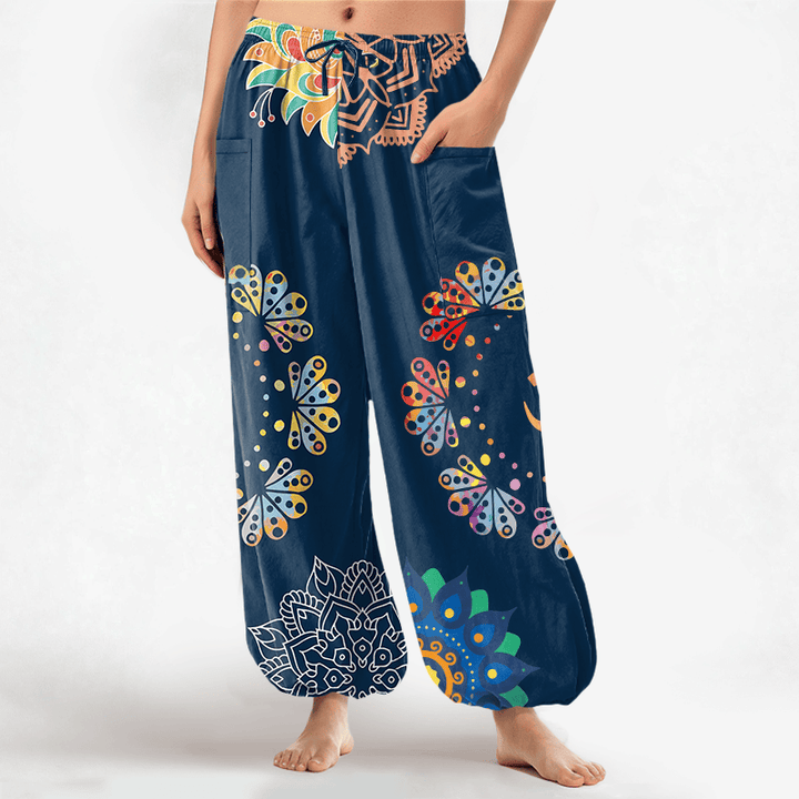 Buddha Stones Cotton Mandala Lotus OM Pattern Women's Elastic Waist Harem Pants With Side Pockets - Navy - US16，UK/AU20，EU48 (3XL) - image 7
