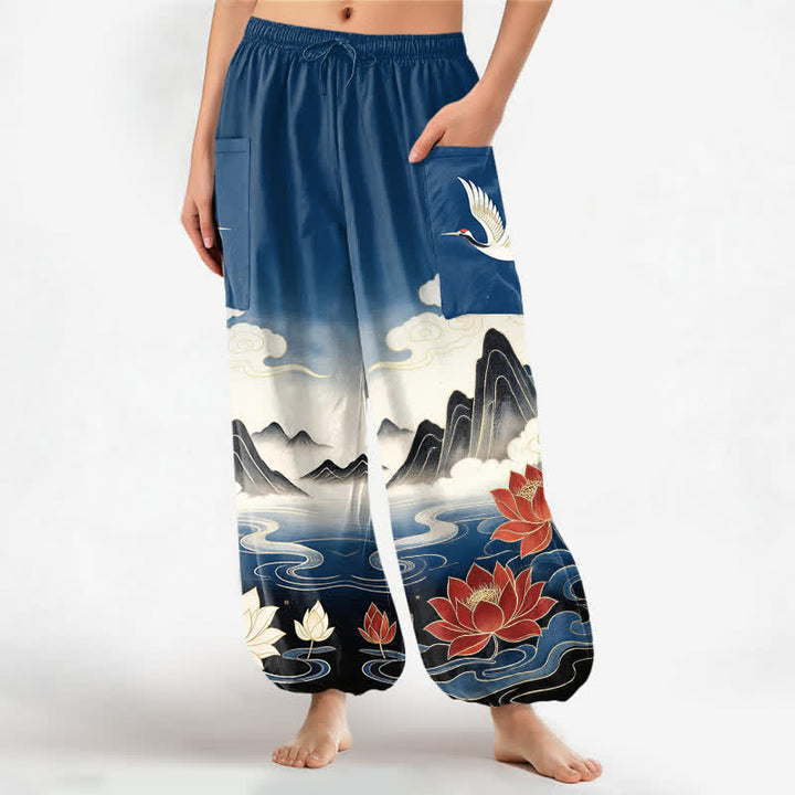 Buddha Stones Cotton Oriental Landscape Lotus Crane Pattern Women's Elastic Waist Harem Pants With Side Pockets - SteelBlue - US16，UK/AU20，EU48 (3XL) - image 0