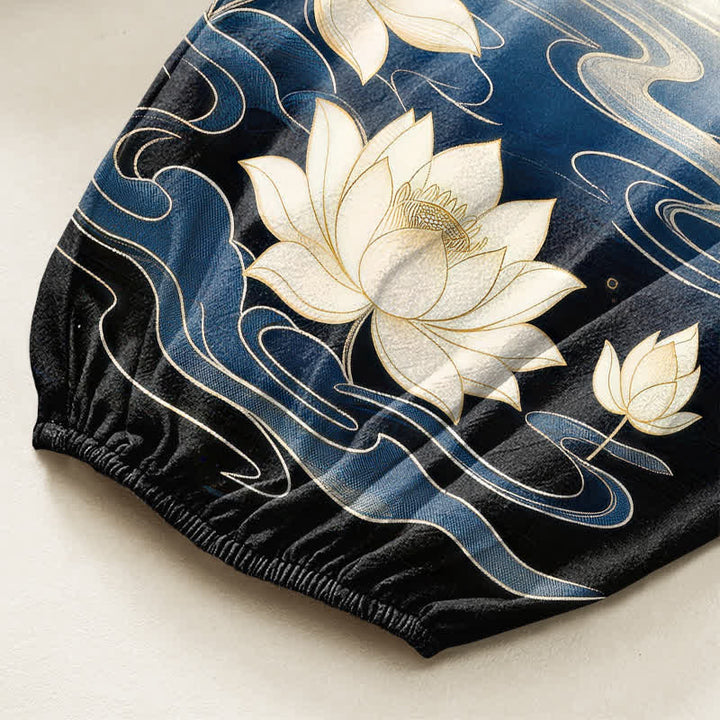 Buddha Stones Cotton Oriental Landscape Lotus Crane Pattern Women's Elastic Waist Harem Pants With Side Pockets - image 6