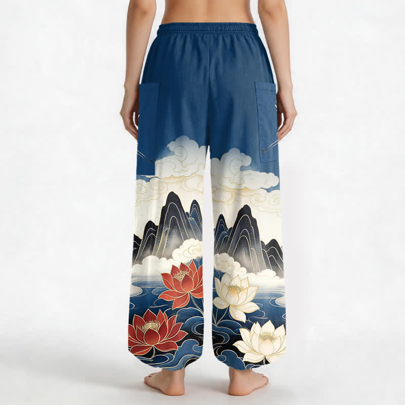 Buddha Stones Cotton Oriental Landscape Lotus Crane Pattern Women's Elastic Waist Harem Pants With Side Pockets - image 2