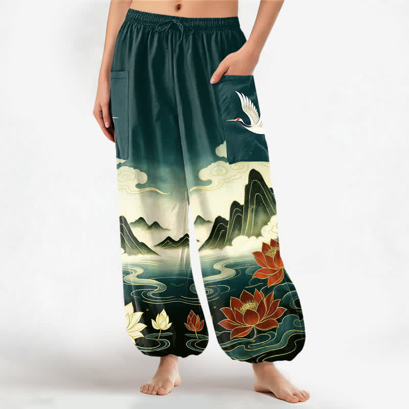 Buddha Stones Cotton Oriental Landscape Lotus Crane Pattern Women's Elastic Waist Harem Pants With Side Pockets - Teal - US16，UK/AU20，EU48 (3XL) - image 7