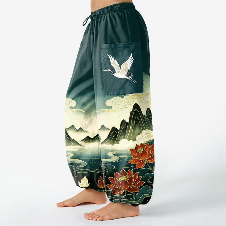 Buddha Stones Cotton Oriental Landscape Lotus Crane Pattern Women's Elastic Waist Harem Pants With Side Pockets - image 8