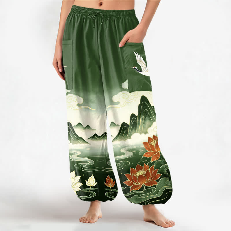 Buddha Stones Cotton Oriental Landscape Lotus Crane Pattern Women's Elastic Waist Harem Pants With Side Pockets - SeaGreen - US16，UK/AU20，EU48 (3XL) - image 10