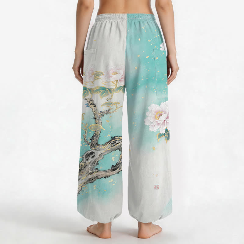 Buddha Stones Cotton Peony Bird Garden Pattern Women's Elastic Waist Harem Pants With Side Pockets - image 2