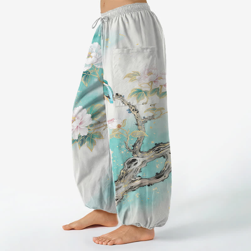 Buddha Stones Cotton Peony Bird Garden Pattern Women's Elastic Waist Harem Pants With Side Pockets - image 1