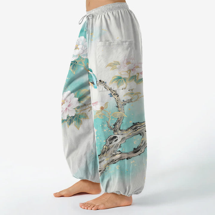 Buddha Stones Cotton Peony Bird Garden Pattern Women's Elastic Waist Harem Pants With Side Pockets - image 1