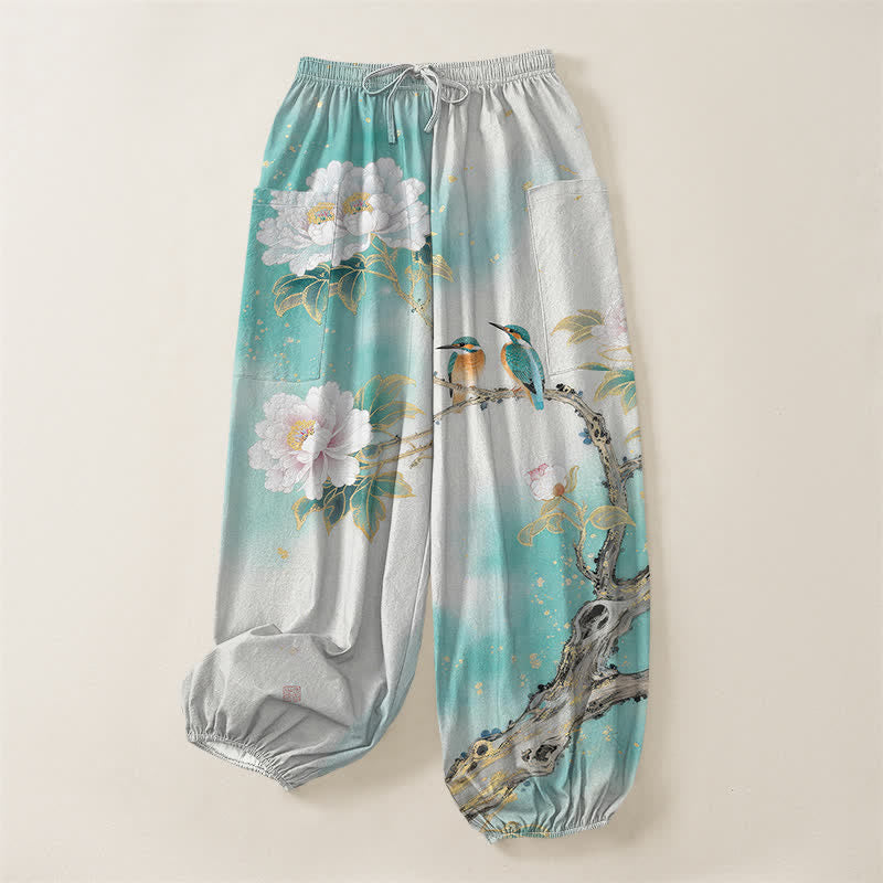 Buddha Stones Cotton Peony Bird Garden Pattern Women's Elastic Waist Harem Pants With Side Pockets - image 3