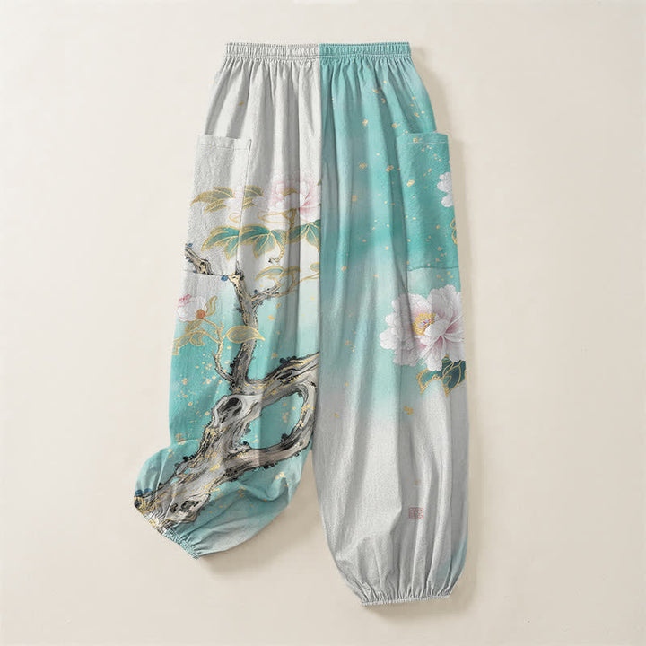 Buddha Stones Cotton Peony Bird Garden Pattern Women's Elastic Waist Harem Pants With Side Pockets - image 4