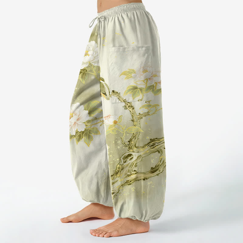 Buddha Stones Cotton Peony Bird Garden Pattern Women's Elastic Waist Harem Pants With Side Pockets - image 8