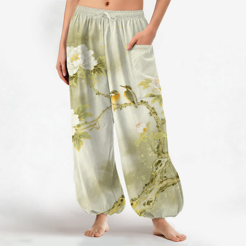 Buddha Stones Cotton Peony Bird Garden Pattern Women's Elastic Waist Harem Pants With Side Pockets - YellowGreen - US16，UK/AU20，EU48 (3XL) - image 7