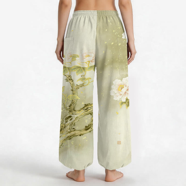 Buddha Stones Cotton Peony Bird Garden Pattern Women's Elastic Waist Harem Pants With Side Pockets - image 9