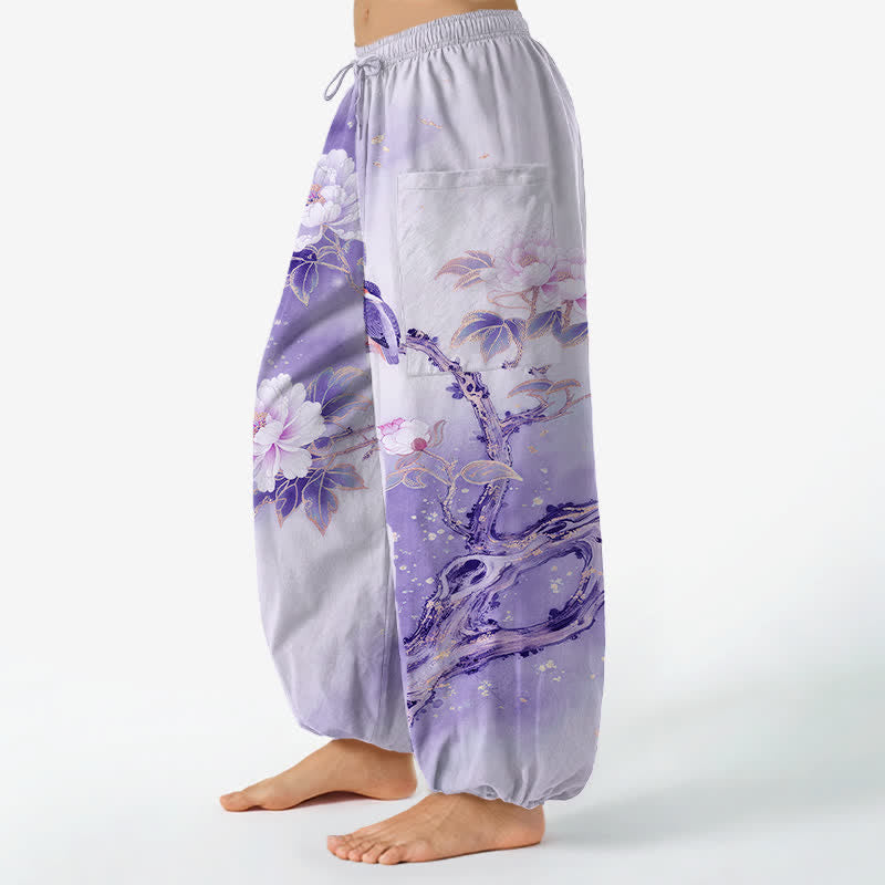Buddha Stones Cotton Peony Bird Garden Pattern Women's Elastic Waist Harem Pants With Side Pockets - image 11