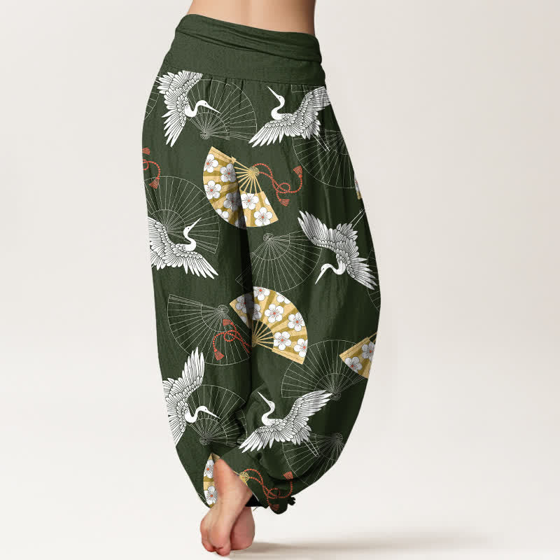 Buddha Stones Cotton Oriental Crane Fan Pattern Women's Elastic Waist Harem Pants - image 2