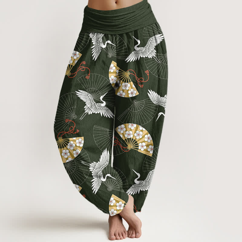 Buddha Stones Cotton Oriental Crane Fan Pattern Women's Elastic Waist Harem Pants - DarkGreen - US16，UK/AU20，EU48 (3XL) - image 0