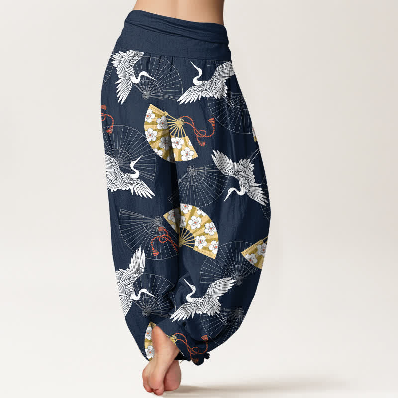 Buddha Stones Cotton Oriental Crane Fan Pattern Women's Elastic Waist Harem Pants - image 7