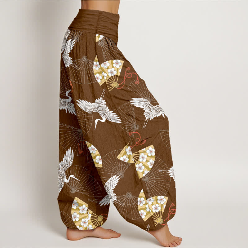 Buddha Stones Cotton Oriental Crane Fan Pattern Women's Elastic Waist Harem Pants - image 9