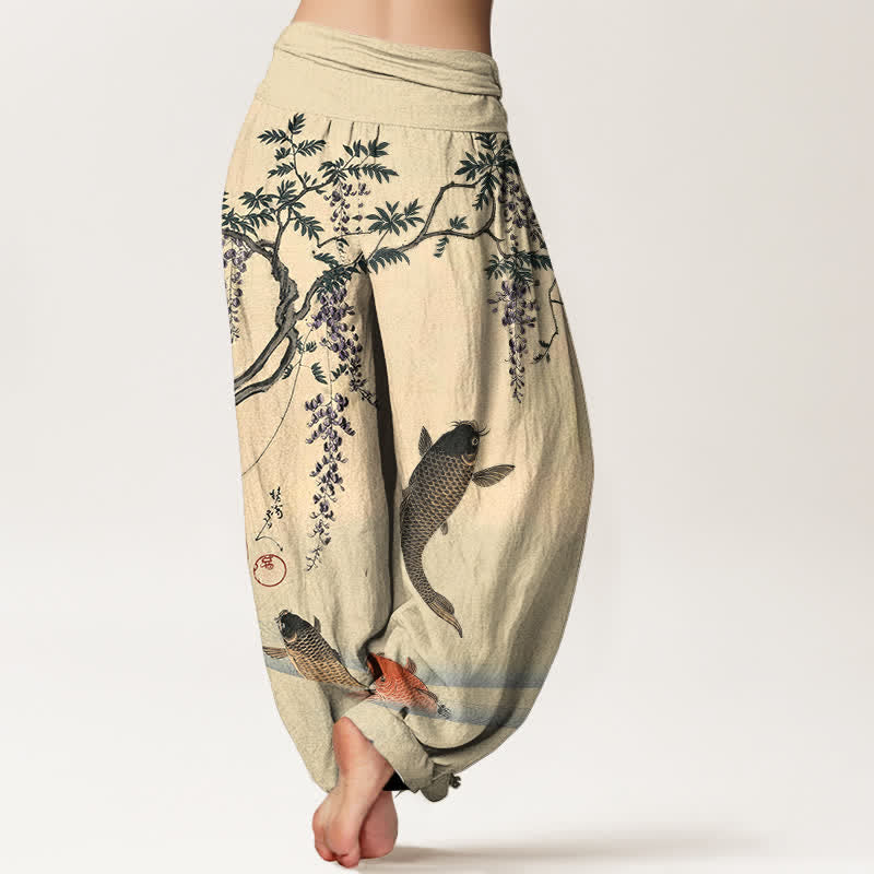 Buddha Stones Cotton Koi Wisteria Pattern Women's Elastic Waist Harem Pants - image 2