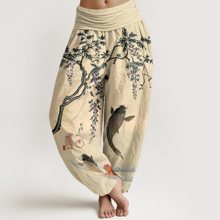 Buddha Stones Cotton Koi Wisteria Pattern Women's Elastic Waist Harem Pants - LemonChiffon - US16，UK/AU20，EU48 (3XL) - image 0
