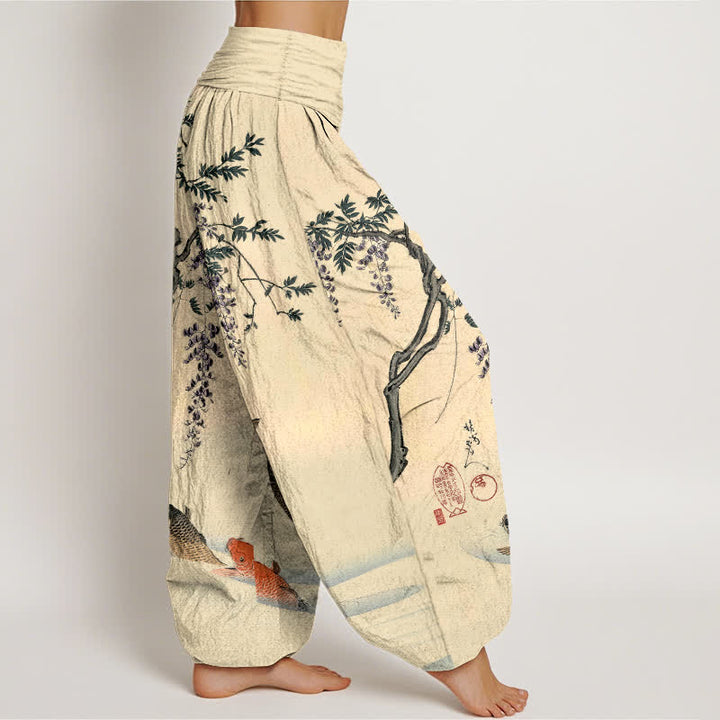 Buddha Stones Cotton Koi Wisteria Pattern Women's Elastic Waist Harem Pants - image 1