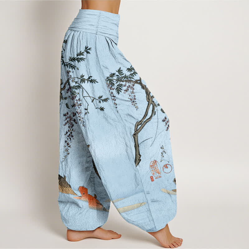Buddha Stones Cotton Koi Wisteria Pattern Women's Elastic Waist Harem Pants - image 6
